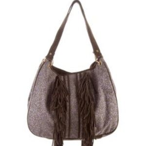 Tory Burch Suede Fringe Trim Woven Hobo Bag